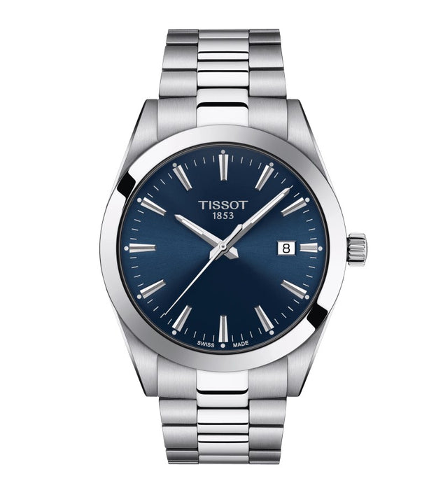 Tissot Gentleman Quartz Stainless Steel Case Blue Dial Grey Strap adorned with polished and satinated hour markers and a date window Gent Watch T1274101104100