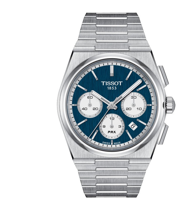 Tissot PRX Automatic Chronograph Stainless Steel Case Blue Dial Grey Strap Gent Watch T1374271104100