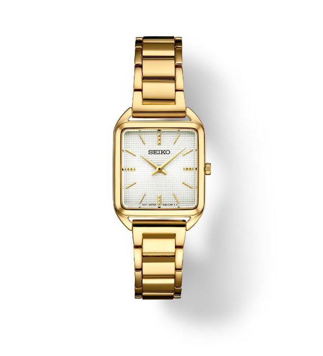 Seiko Essentials Collection Stainless Steel Case and bracelet with Gold finish White Dial with die-stamped grid pattern Women's Watch SWR078