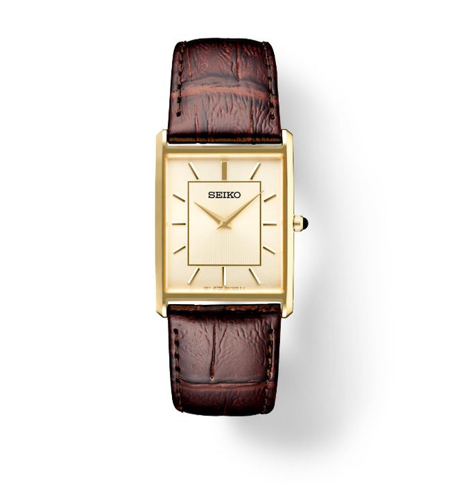 Seiko Essentials Collection Rectangular Stainless Steel Case with Gold finish Patterned light Champagne Dial with Gold accents Textured Brown leather Strap Men's Watch SWR064