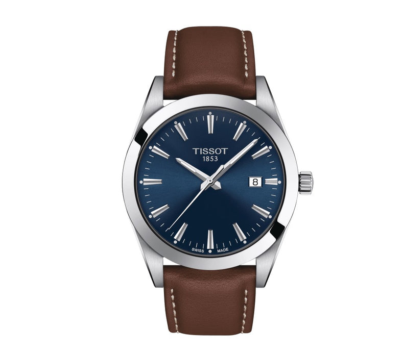 Tissot Gentleman Quartz Stainless Steel Case Blue Dial Brown Strap adorned with polished and satinated hour markers and a date window Gent Watch T1274101604100