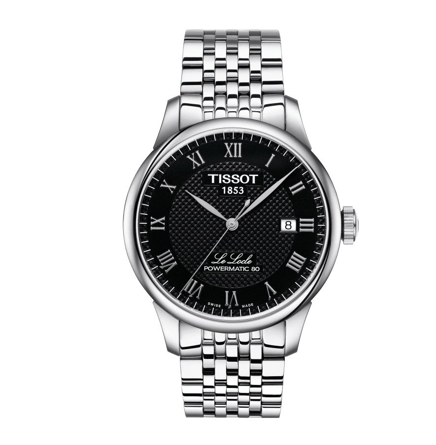 Tissot Le Locle Powermatic 80 Stainless Steel Case Black Dial Grey Strap exquisite elegance with details such as Roman numerals and a traditional Le Locle signature Men's Watch T0064071105300