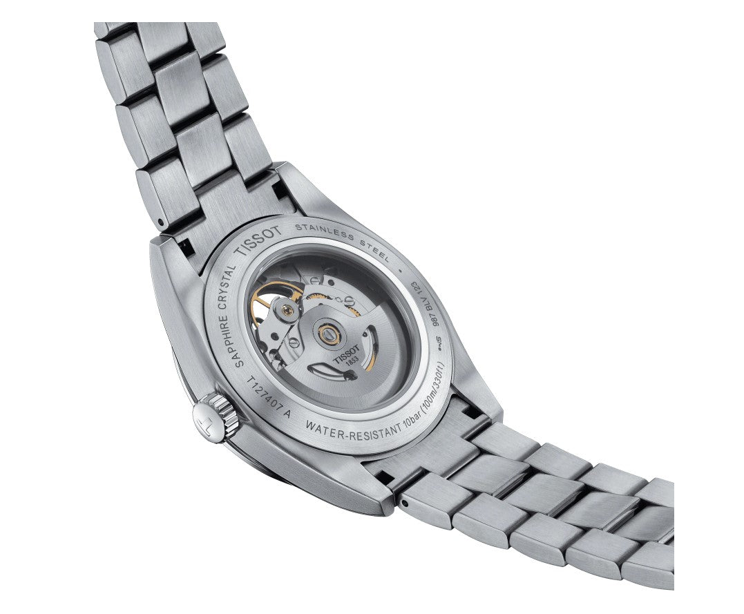 Tissot Gentleman Powermatic 80 Open Heart Stainless Steel Case Silver Dial Grey Strap Gent Watch T1274071103101