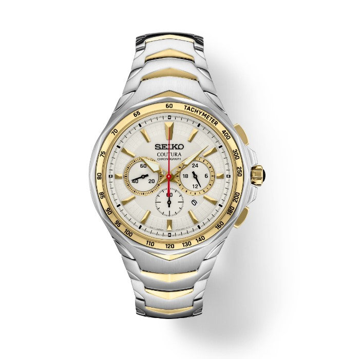 Seiko Coutura Collection Quartz Chronograph Angular Stainless Steel Case and Bracelet with two-tone finish Multi-layered White Dial with pressed pattern and Gold accents Men's Watch SRWZ24