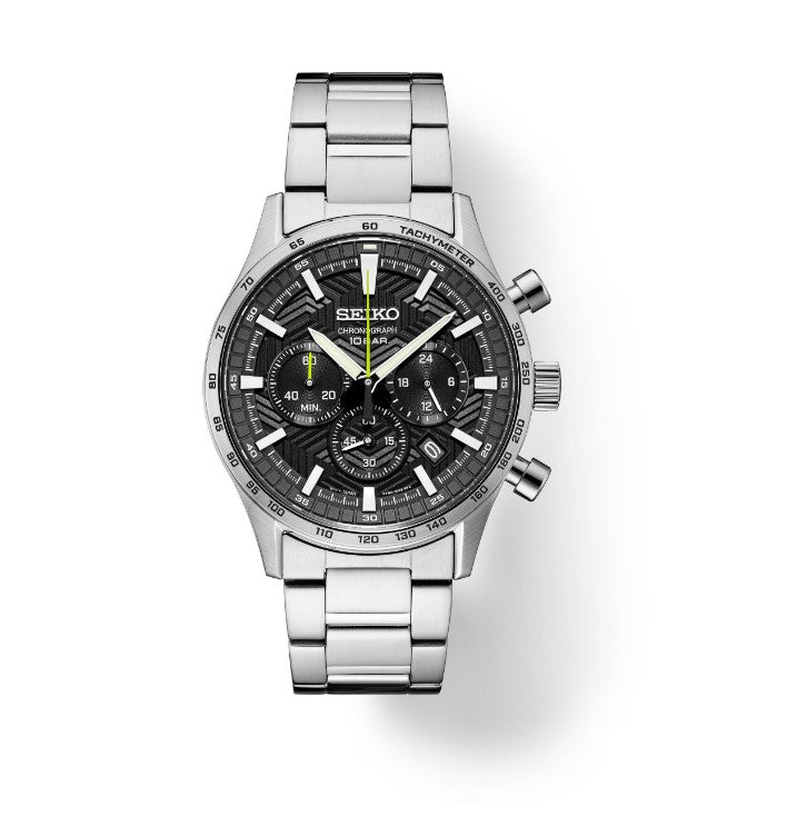 Seiko Essentials Collection Stainless Steel Case and Bracelet Matte Black Dial with y-shaped pressed pattern inspired by streetwear Men's Watch SSB413
