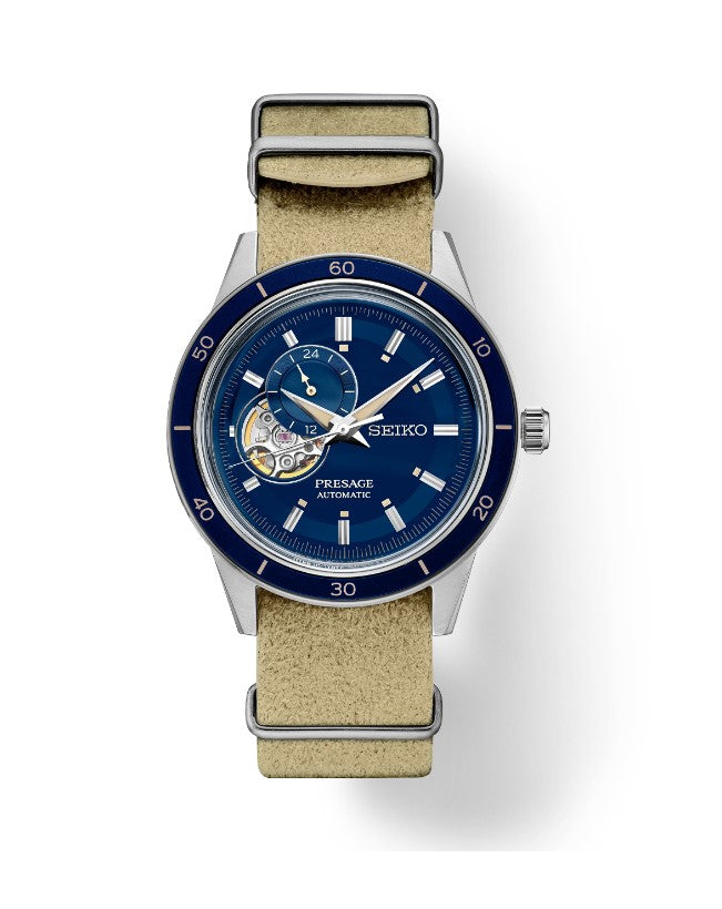 Seiko Presage Style '60s Collection Stainless Steel Case Navy Blue open-aperture Dial Light Brown suede-texture Strap Men's Watch SSA453