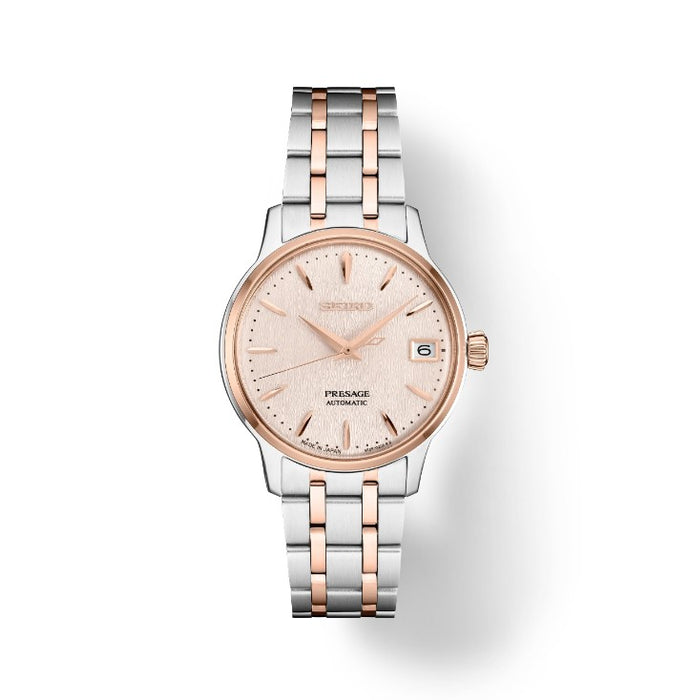 Seiko Presage Cocktail Time Rose Gold two-tone Stainless Steel Case and Bracelet Pink Dial with pressed pattern and gloss finish Women's Watch SRPF54