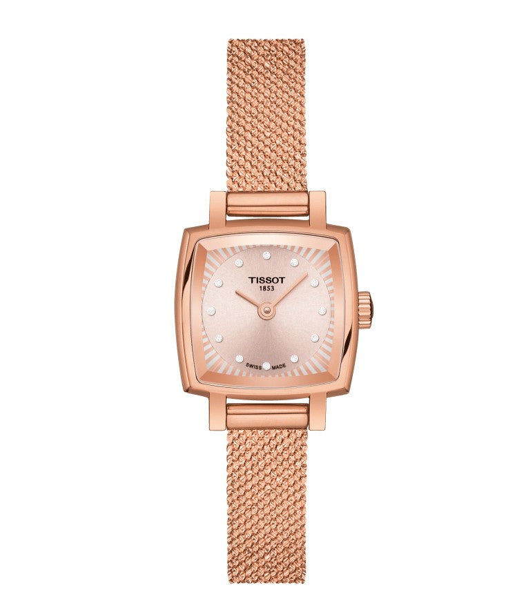 Tissot Lovely Square Quartz Stainless Steel Rose Gold PVD coating Case Cream Dial Grey, Rose Gold 5N Strap Women's Watch T0581093345600