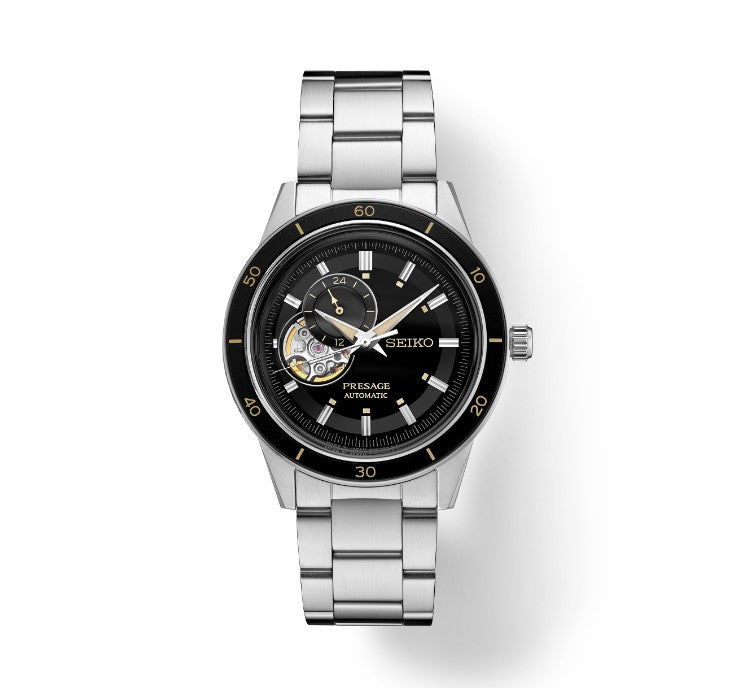 Seiko Presage Style '60s Collection Stainless Steel Case and bracelet Black open-aperture Dial Men's Watch SSA425