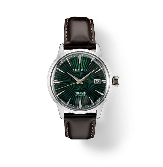 Seiko Presage Collection Stainless Steel Case Green Dial with pressed pattern and gloss finish Smooth Brown leather Strap with contrast stitching Men's Watch SRPD37