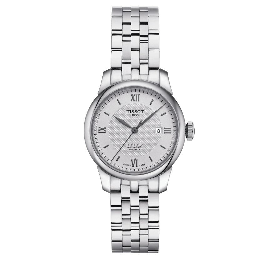 Tissot Le Locle Automatic Lady Stainless Steel Case Silver Dial Grey Strap in addition to Wesselton diamonds and MOP dials Women's Watch T0062071103800