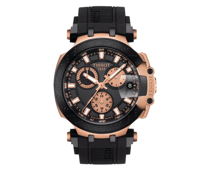 Tissot T-Race Chronograph Quartz Stainless Steel Case with Black and Rose Gold PVD coating Black Dial Black Strap Silicone bracelet giving an additional hint about the motobiker style Men's Watch T1154173705100