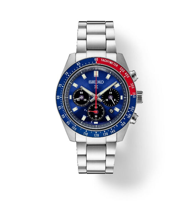Seiko Prospex Speedtimer Solar Chronograph Stainless Steel Case and bracelet Blue dial with sunray finish and red accents Men's Watch SSC913