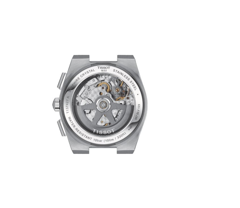 Tissot PRX Automatic Chronograph Skeleton Oscillating Mass Caliber Satin finished Stainless Steel Case White Dial Grey Strap Gent Watch T1374271101100