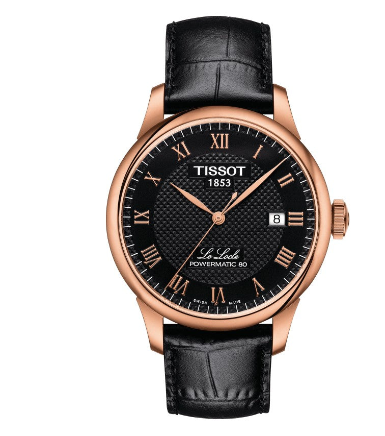 Tissot Le Locle Powermatic 80 Stainless Steel Rose Gold PVD coating Case Black Dial Black Strap exquisite elegance with details such as Roman numerals and a traditional Le Locle signature Men's Watch T0064073605300