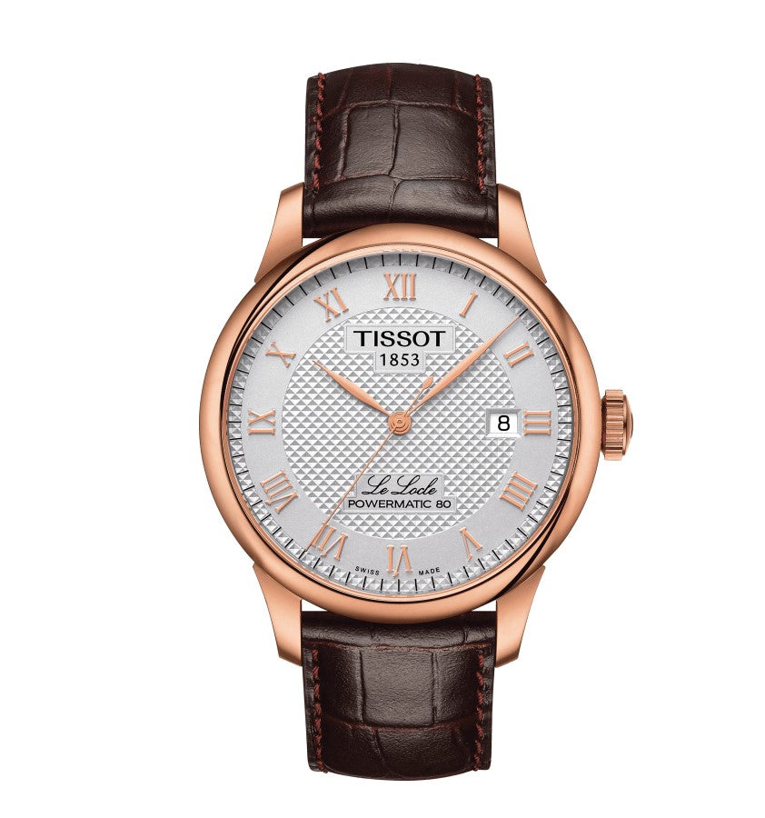 Tissot Le Locle Powermatic 80 Stainless Steel Case Silver Dial Brown Strap see-through case-back is engraved with traditional Le Locle signature dials featuring indices Roman numerals, Wesselton diamonds or both at the same time Men's Watch T0064073603300