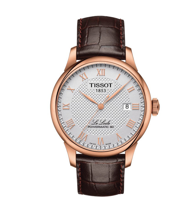 Tissot Le Locle Powermatic 80 Stainless Steel Case Silver Dial Brown Strap see-through case-back is engraved with traditional Le Locle signature dials featuring indices Roman numerals, Wesselton diamonds or both at the same time Men's Watch T0064073603300