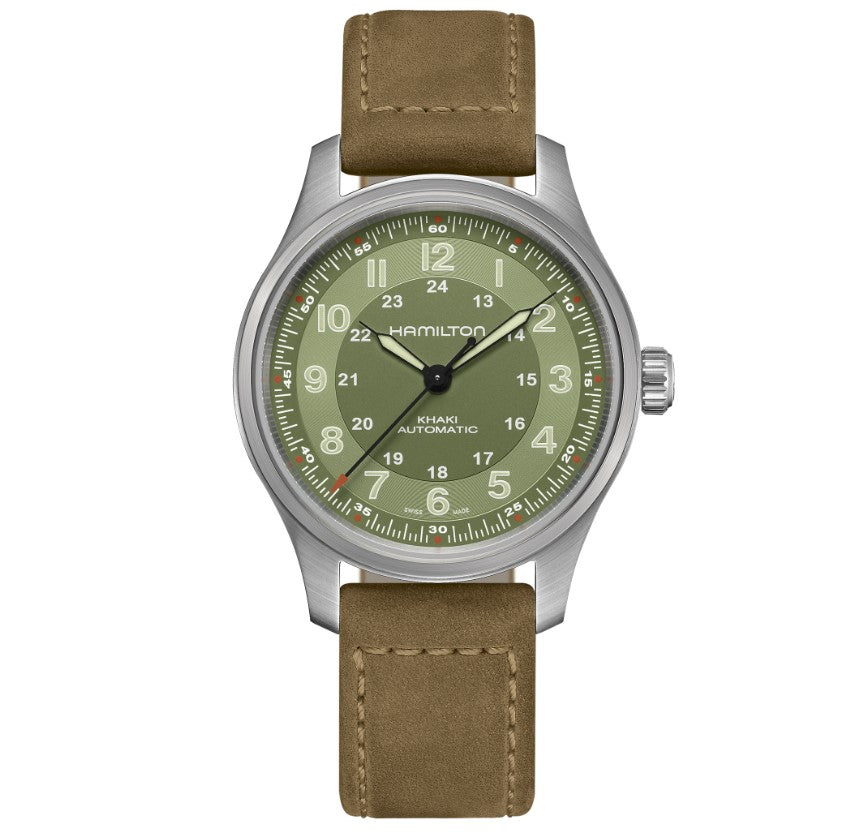 Hamilton Khaki Field Titanium Automatic Green dial Cow leather Strap 42mm Unisex Watch H70545560