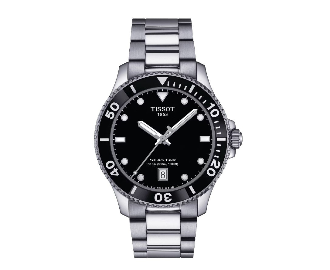 Tissot Seastar 1000 40MM Stainless Steel Case Black Dial Grey Strap Men's Watch T1204101105100