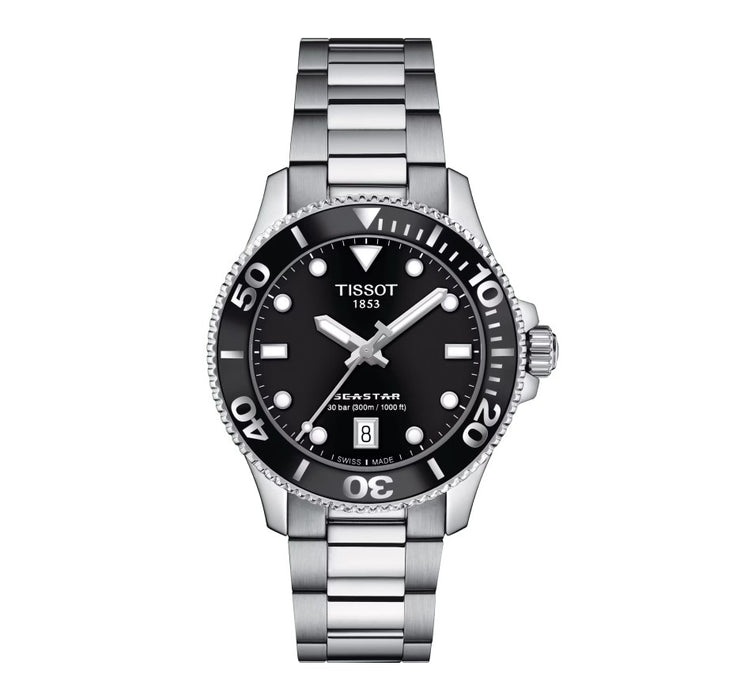 Tissot Seastar 1000 36MM Stainless Steel Case Black Dial Grey Strap with an additional White Rubber Strap Lady Watch T1202101105100