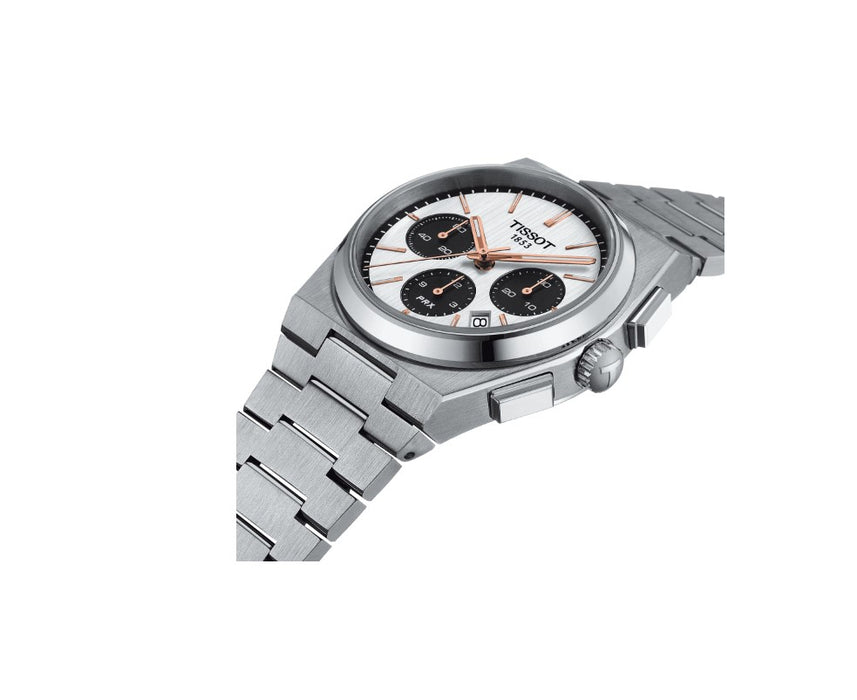 Tissot PRX Automatic Chronograph Skeleton Oscillating Mass Caliber Satin finished Stainless Steel Case White Dial Grey Strap Gent Watch T1374271101100