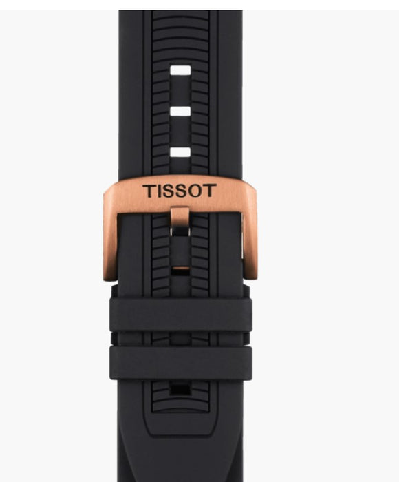 Tissot T-Race Chronograph Quartz Stainless Steel Case with Black and Rose Gold PVD coating Black Dial Black Strap Silicone bracelet giving an additional hint about the motobiker style Men's Watch T1154173705100
