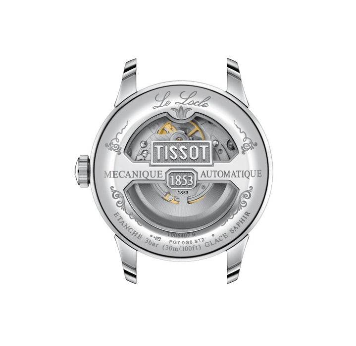 Tissot Le Locle Powermatic 80 Open Heart Stainless Steel Case Silver Dial Brown Strap see-through case back is engraved with a traditional Le Locle signature Men's Watch T0064071603301