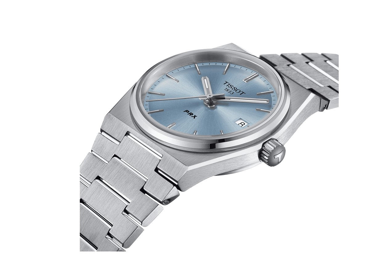 Tissot PRX 35mm Stainless Steel Case Light Blue Dial Grey Strap Unisex Watch T1372101135100