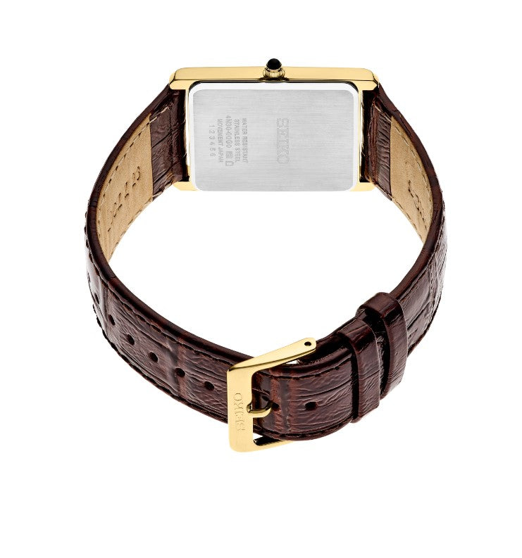 Seiko Essentials Collection Rectangular Stainless Steel Case with Gold finish Patterned light Champagne Dial with Gold accents Textured Brown leather Strap Men's Watch SWR064
