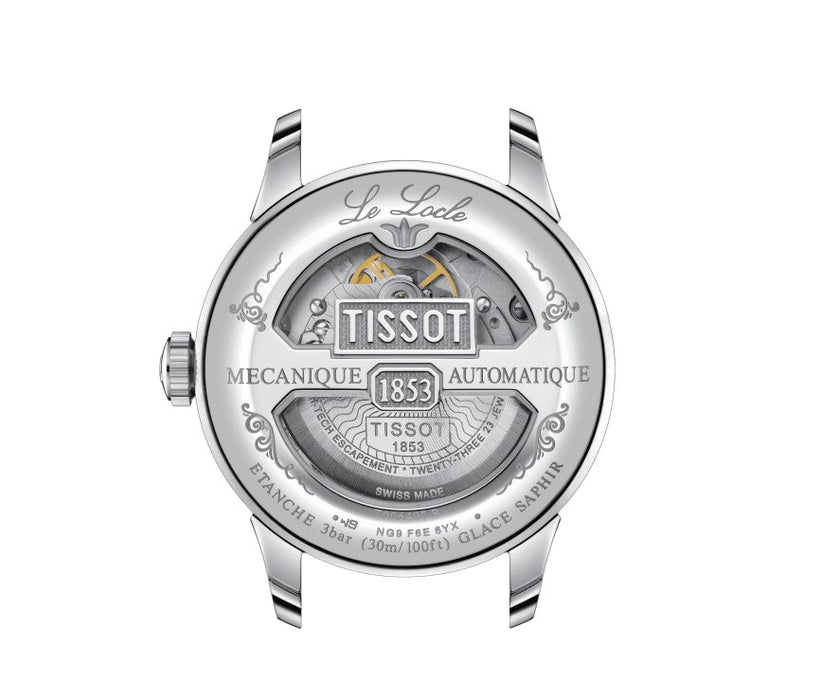 Tissot Le Locle Powermatic 80 Stainless Steel Case Blue Dial Grey Strap Case-back is engraved with a traditional Le Locle signature dials featuring as indices Roman numerals, Wesselton diamonds or both at the same time Men's Watch T0064071104300