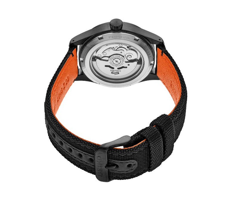 Seiko 5 Sports Collection Stainless Steel Case with Black ion finish Black Dial with Orange accents Black Nylon Strap with Orange lining Men's Watch SRPH33