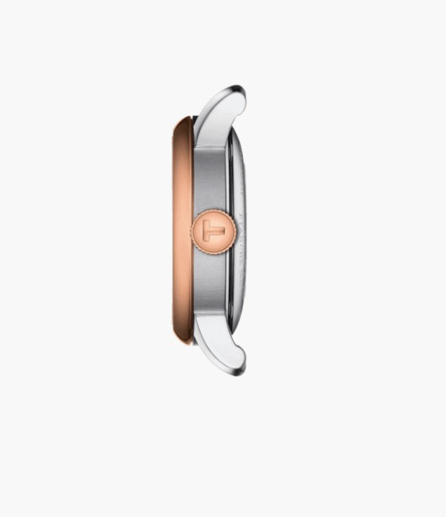 Tissot Le Locle Automatic Lady Special Edition Stainless Steel Rose Gold PVD coating Case Silver Dial Grey, Rose Gold 5N Strap in addition to Wesselton diamonds and MOP dials Women's Watch T0062072203600