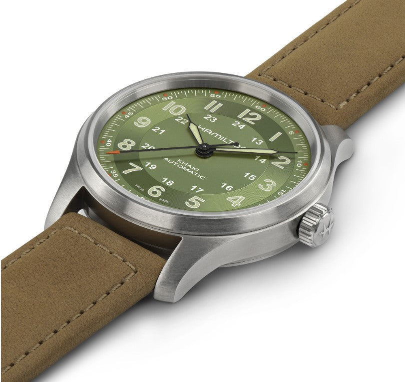 Hamilton Khaki Field Titanium Automatic Green dial Cow leather Strap 42mm Unisex Watch H70545560