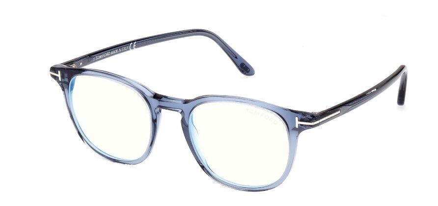 Tom Ford FT5832-B 090 Shiny Transparent Blue/Blue Block Round Men's Eyeglasses