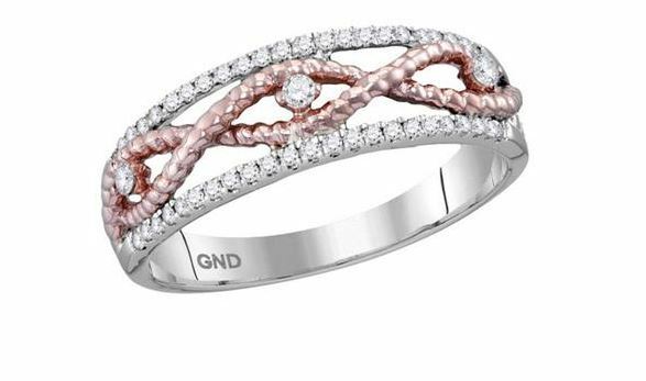 10kt White Gold Diamond Womens Rose-Tone Rope Twist Band Ring 1/4 Cttw