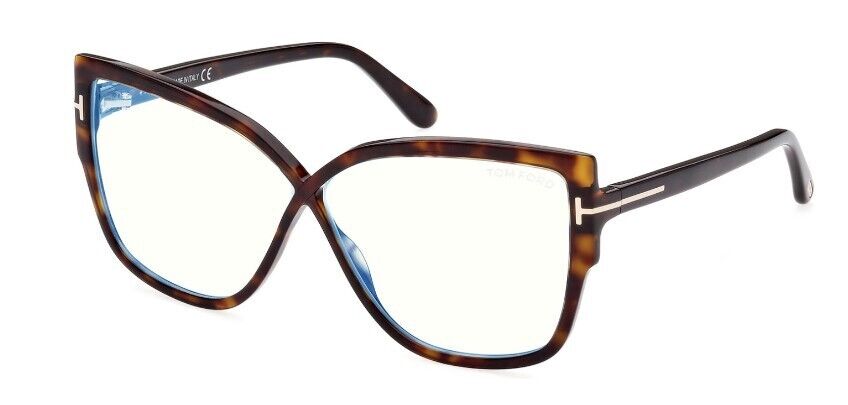 Tom Ford FT5828-B 052 Dark Havana/Blue Block Geometric Women's Eyeglasses