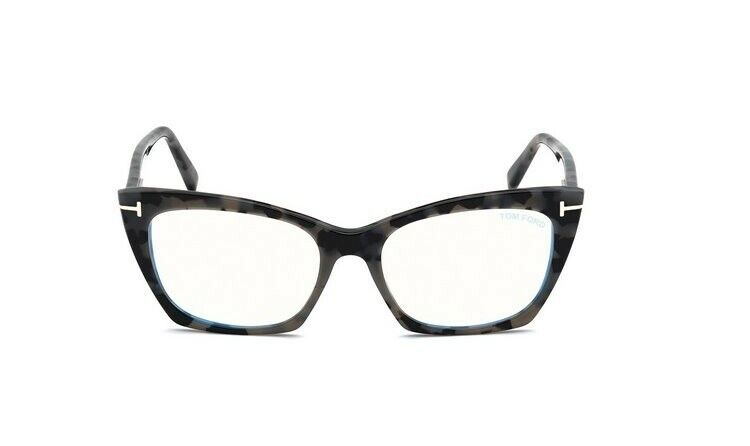 Tom Ford FT5709B 056 Shiny Dark Grey Havana Blue Block Cat-Eye Eyeglasses