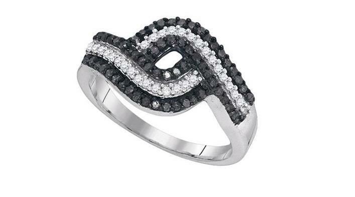10kt White Gold Black Diamond Womens Woven Striped Cocktail Band Ring 1/2 Cttw