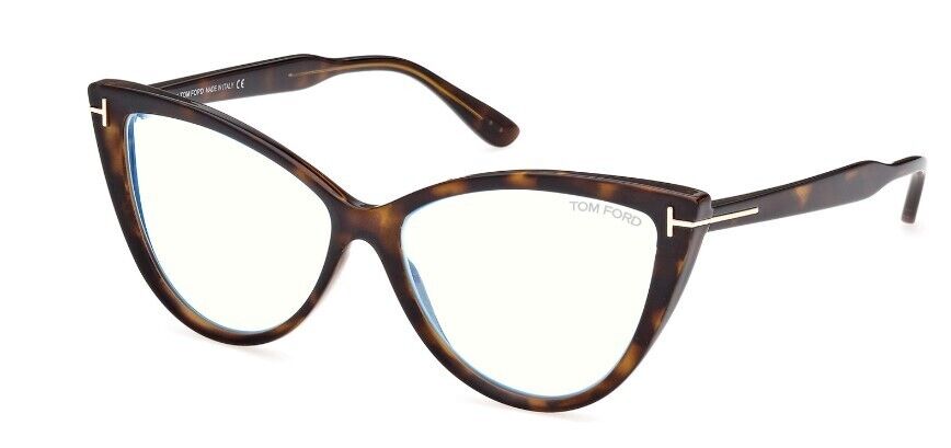 Tom Ford FT5843-B 052 Matte Havana/Blue Block Cat-Eye Women's Eyeglasses