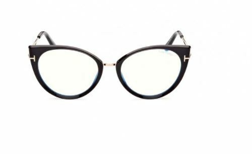 Tom Ford FT5815B 001 Shiny Black Rose Gold Blue Block Cat-Eye Women's Eyeglasses