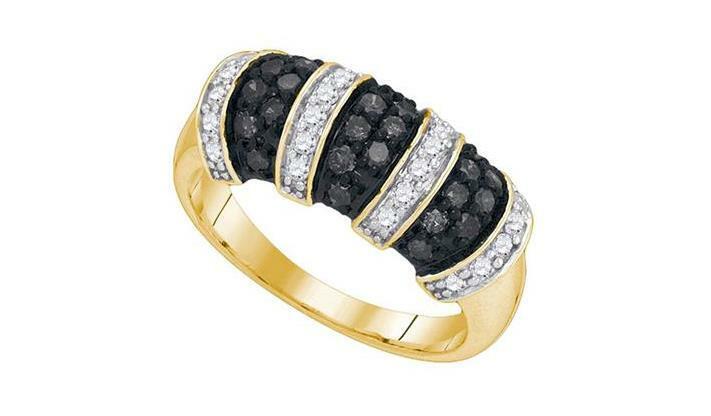 10kt Yellow Gold Black Diamond Womens Alternating Stripe Band Ring 3/4 Cttw
