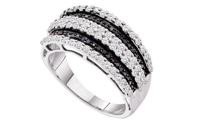10kt White Gold Black Diamond Womens Stripe Fashion Band Ring 3/4 Cttw