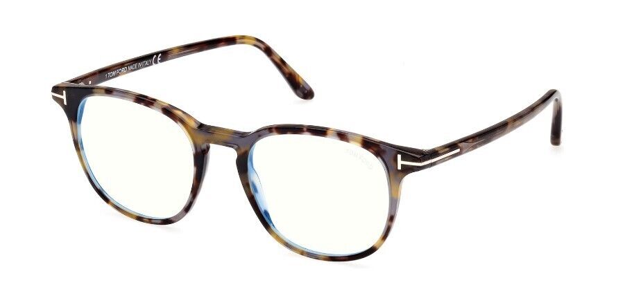 Tom Ford FT5832-B 55 Shiny Coloured Havana/Blue Block Round Men's Eyeglasses
