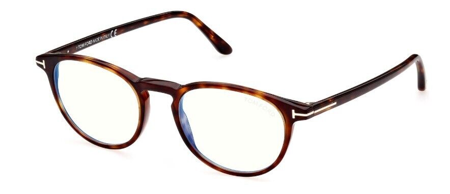Tom Ford FT5803-B 054 Shiny Auburn Havana/Blue Block Round Men's Eyeglasses