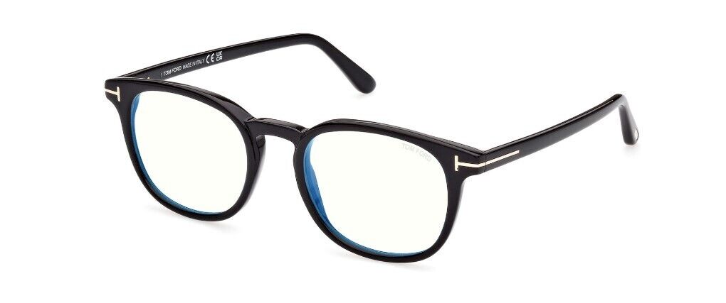 Tom Ford FT5819-B 001 Shiny Black /Blue Block Round Men's Eyeglasses