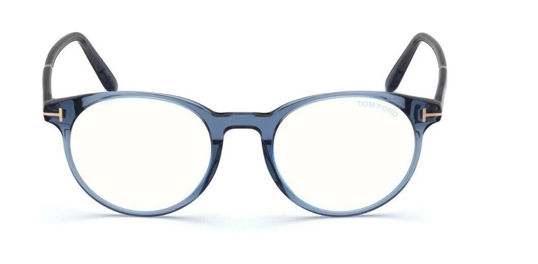 Tom Ford FT5695B 090 Shiny Transparent Blue / Blue Block Round Men's Eyeglasses