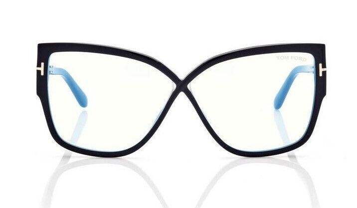Tom Ford FT5828-B 001 Shiny Black/Blue Block Geometric Women's Eyeglasses