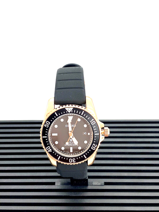 Seiko Prospex Solar Diver's Black Silicone Strap Rose Gold Case Men Watch SNE586