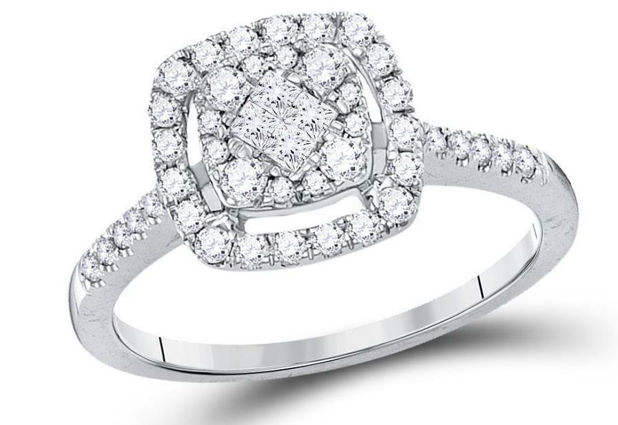 14kt White Gold Diamond Cluster Women Princess Bridal Ring 1/2 Cttw