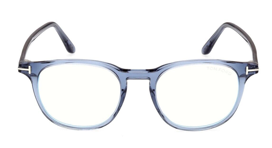 Tom Ford FT5832-B 090 Shiny Transparent Blue/Blue Block Round Men's Eyeglasses